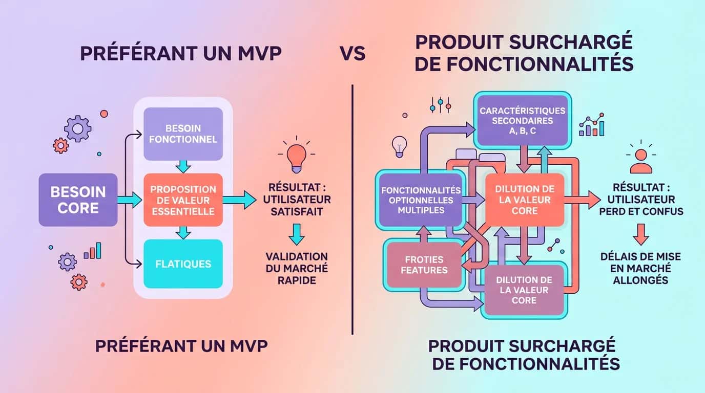 Comparison between a feature-heavy product and a streamlined MVP focused on the user's need