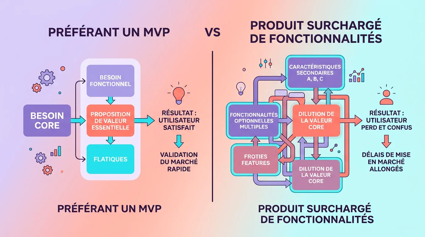 Schéma comparatif entre un produit surchargé de fonctionnalités et un MVP épuré centré sur le besoin utilisateur
