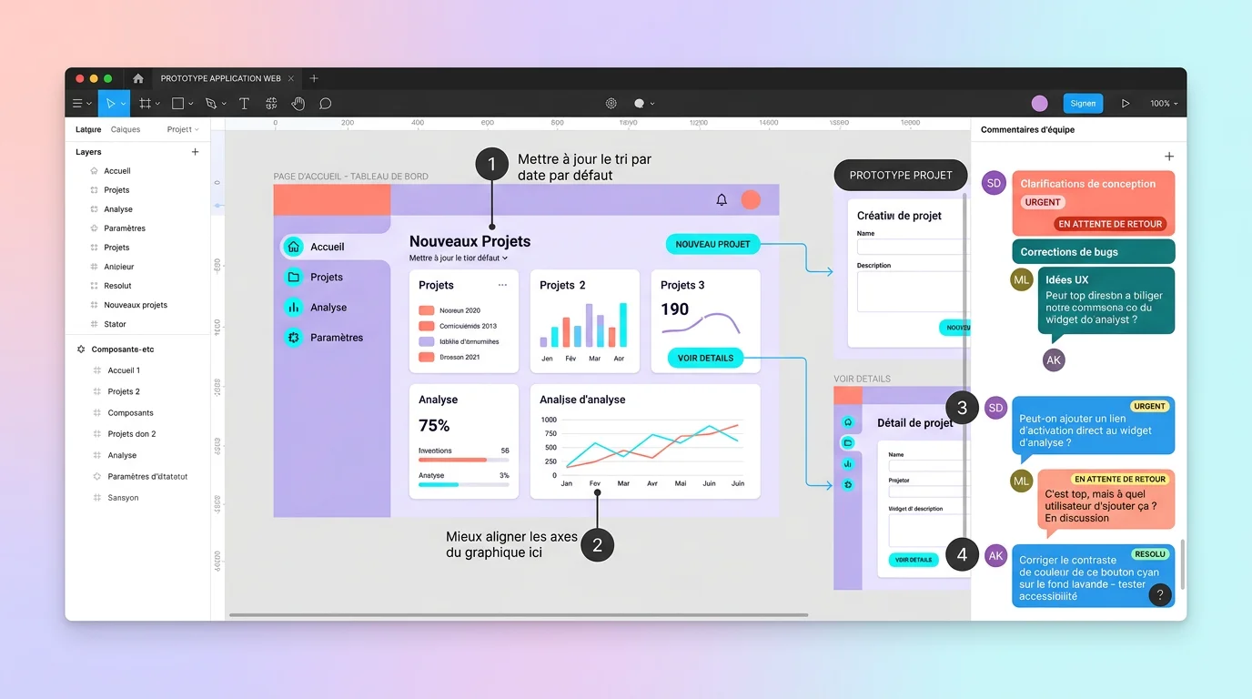 Interface Figma montrant un prototype cliquable d'application web avec annotations et commentaires d'équipe