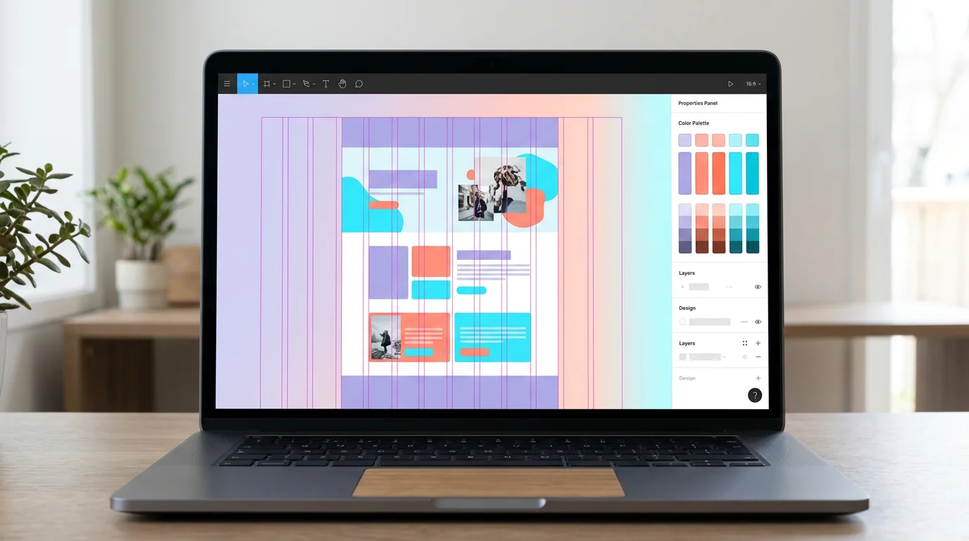 Ecran d'ordinateur affichant une maquette de site web dans Figma avec grille de mise en page et palette de couleurs sur le panneau lateral droit
