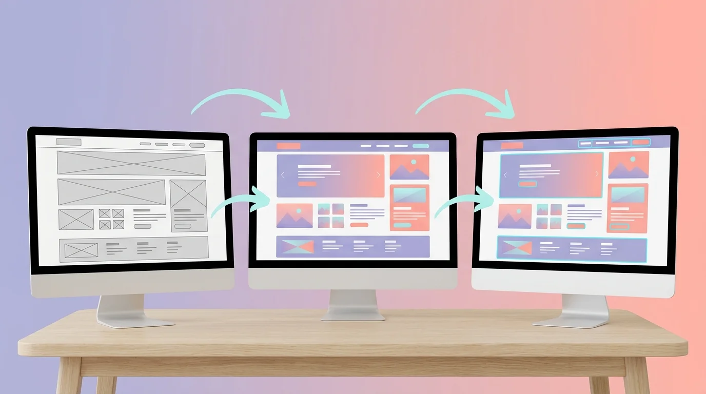 Trois ecrans cote a cote montrant la progression wireframe gris vers maquette couleur vers prototype interactif avec fleches de transition