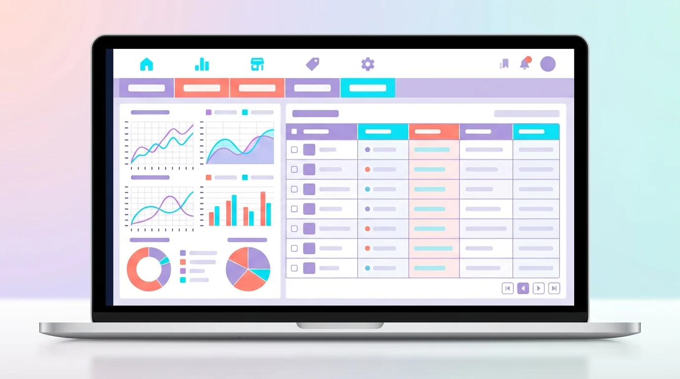 PrestaShop dashboard showing marketplace sellers, commission charts and sales indicators on a laptop