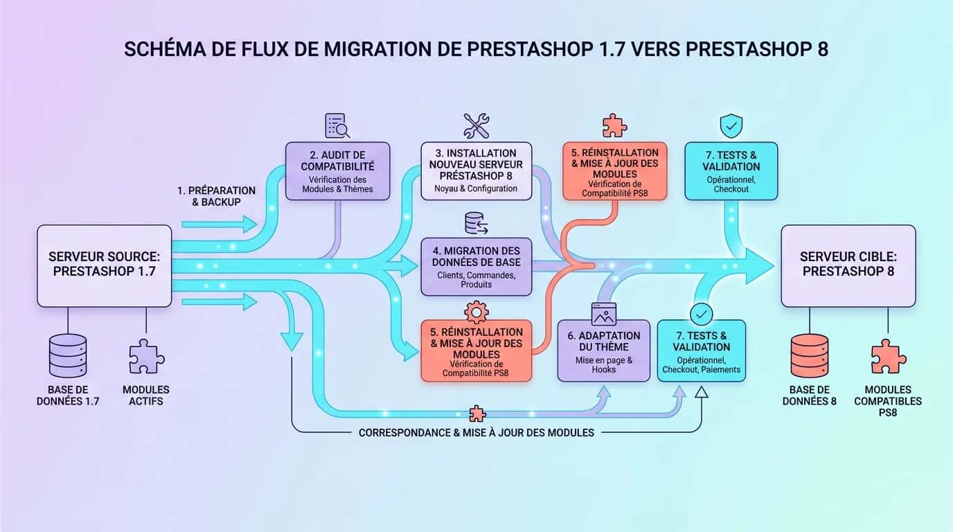 Flow diagram showing migration from a PrestaShop 1.7 server to a PrestaShop 8 server, including the database and modules
