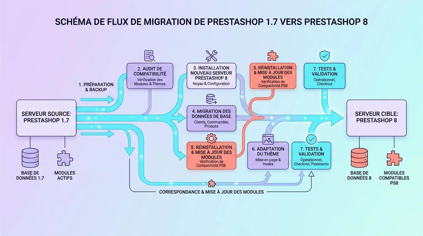 Schéma de flux montrant la migration entre un serveur PrestaShop 1.7 et un serveur PrestaShop 8 avec base de données et modules