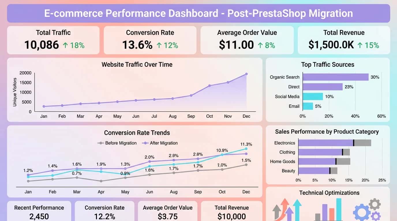 Ecommerce dashboard showing rising traffic and conversion-rate charts after a successful PrestaShop migration