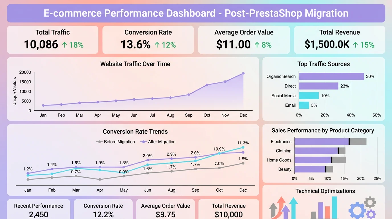 Dashboard e-commerce avec courbes de trafic et taux de conversion en hausse après une migration PrestaShop réussie