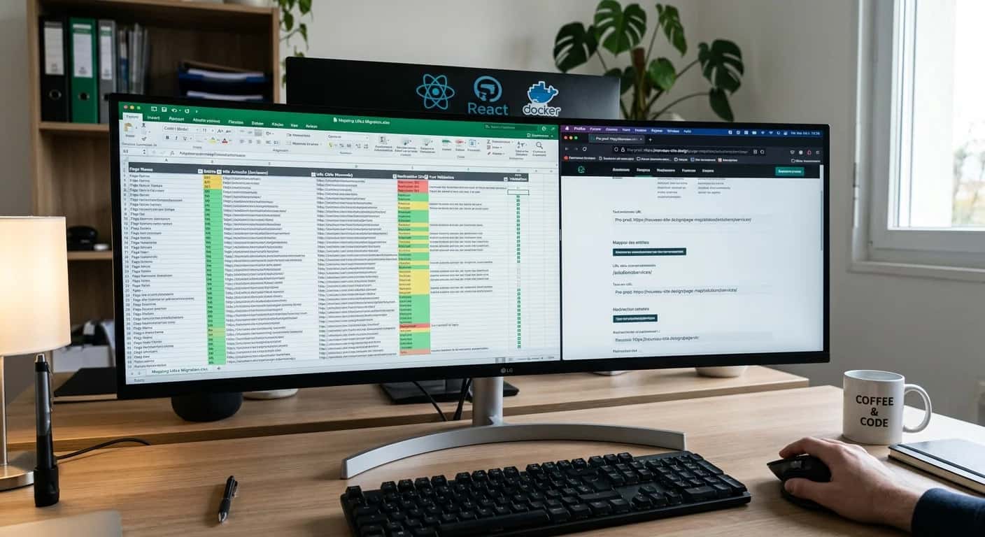 Split screen showing a URL mapping spreadsheet and a browser displaying 301 redirects during a website migration