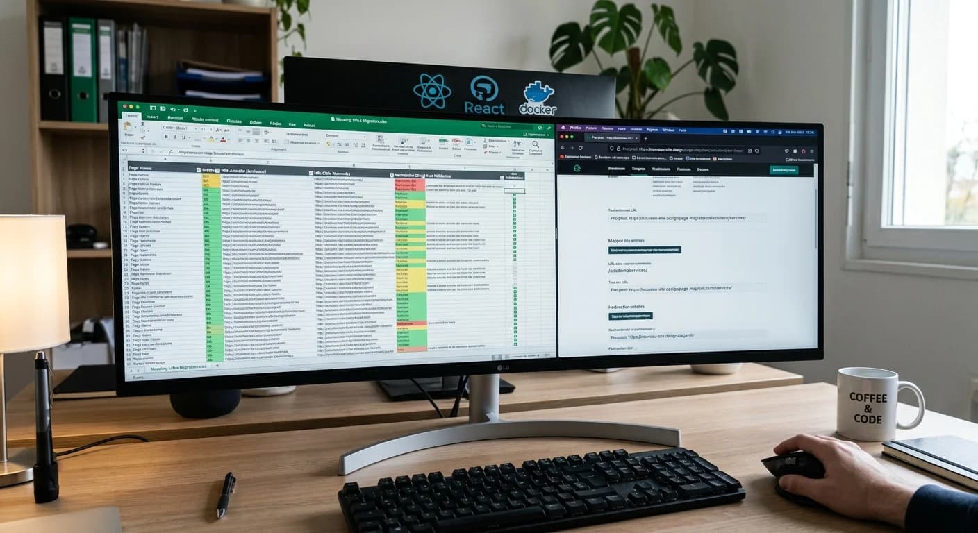 Écran partagé avec tableur de mappage d'URLs et navigateur affichant des redirections 301 pendant une migration site web
