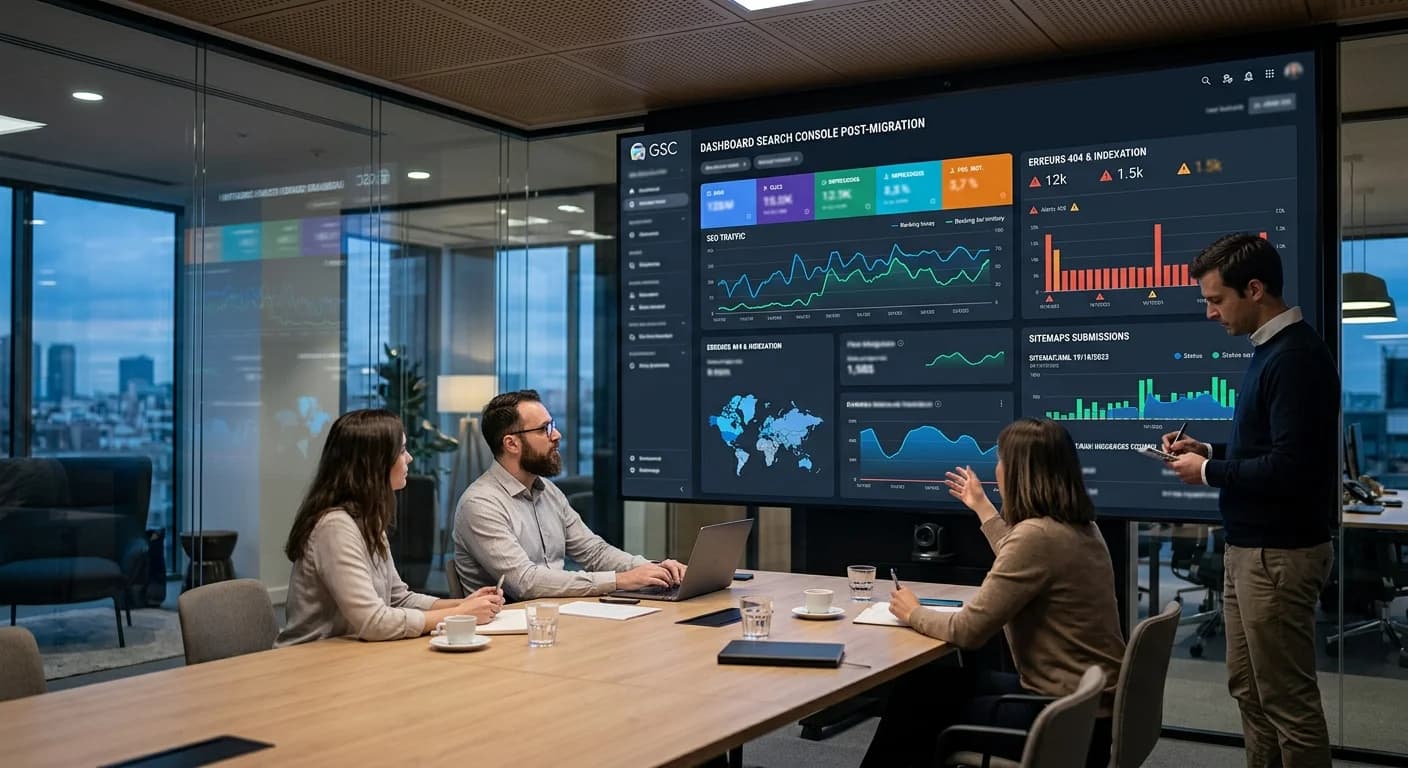 Dashboard de suivi de migration site web avec Search Console, erreurs 404, sitemap et courbes de trafic sur grand écran