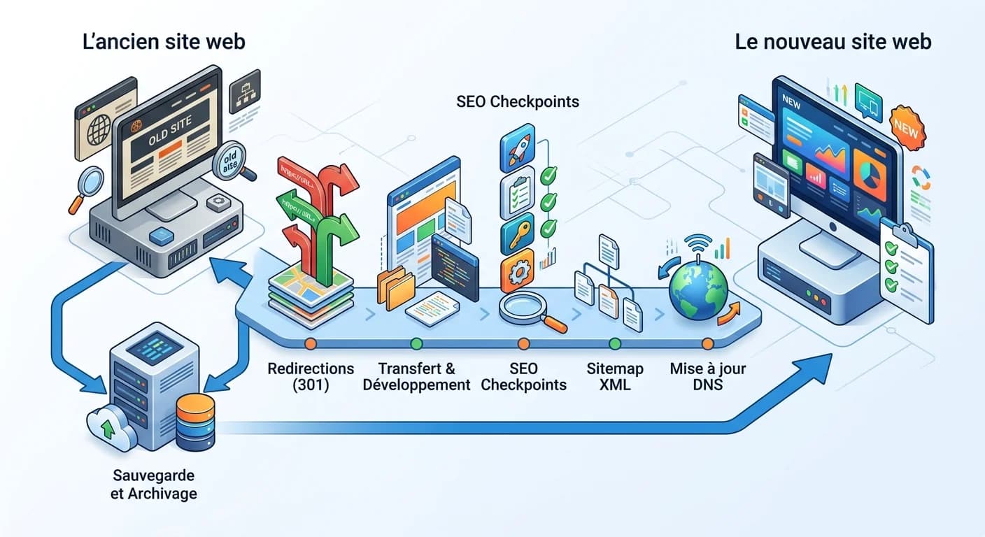 Tableau mural de migration site web avec anciennes URLs, nouvelles URLs, sauvegarde et planning de bascule