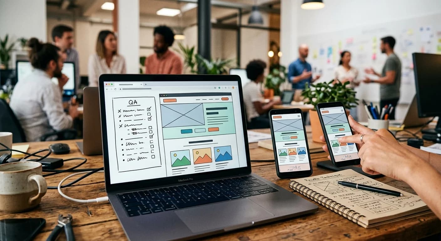 Ordinateur portable affichant une préproduction de site web, un tableau de recette et un téléphone pour tests responsive