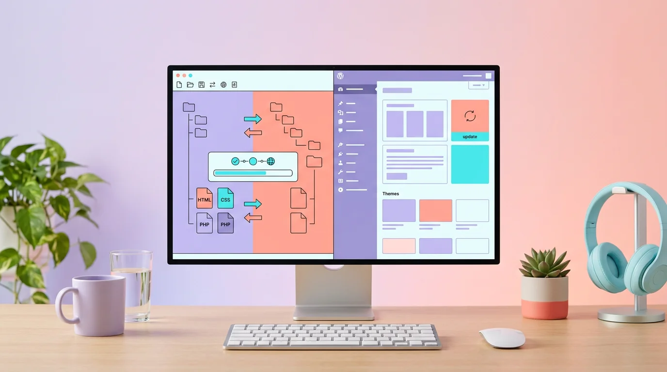 Interface FileZilla FTP avec deux panneaux de fichiers pour la migration manuelle WordPress