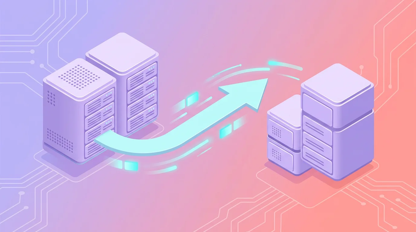 Deux serveurs reliés par une flèche représentant la migration WordPress