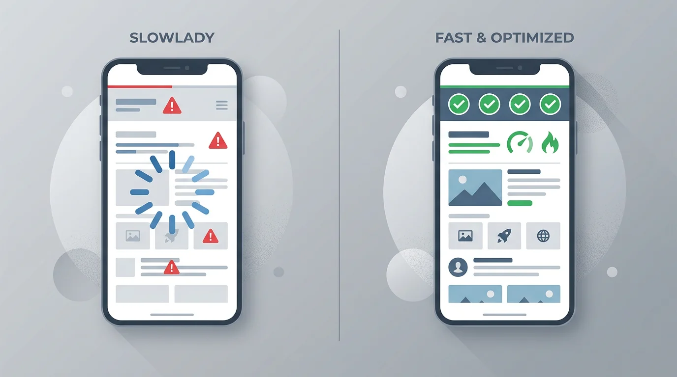 Comparaison interfaces mobiles site PME non optimise lent vs version optimisee rapide sur fond gris neutre