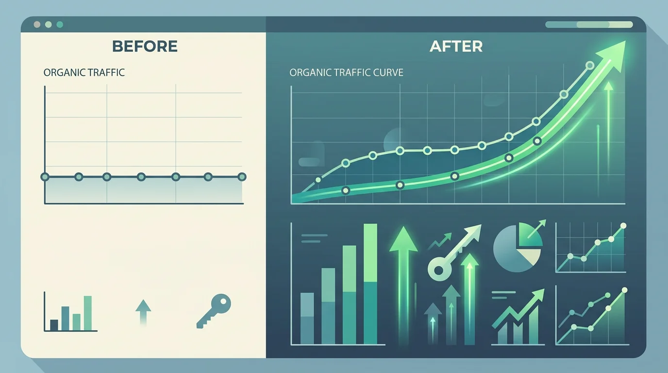 Courbe de progression du trafic organique PME sur 3 mois apres optimisation SEO on-page avec metriques CTR et leads