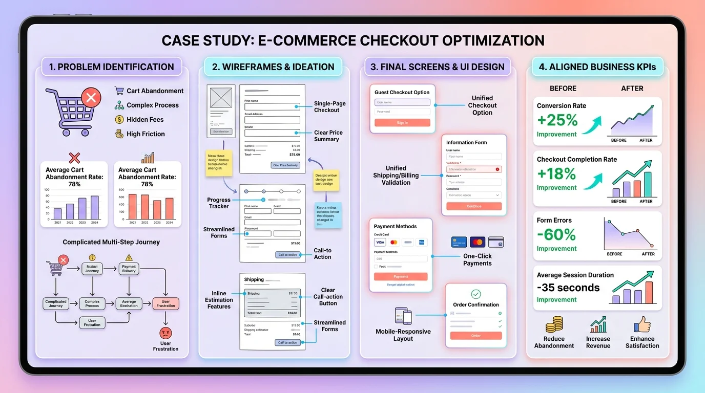 Étude de cas UX UI avec problème, wireframes, écrans finaux et KPI métier alignés en colonnes sur grand écran