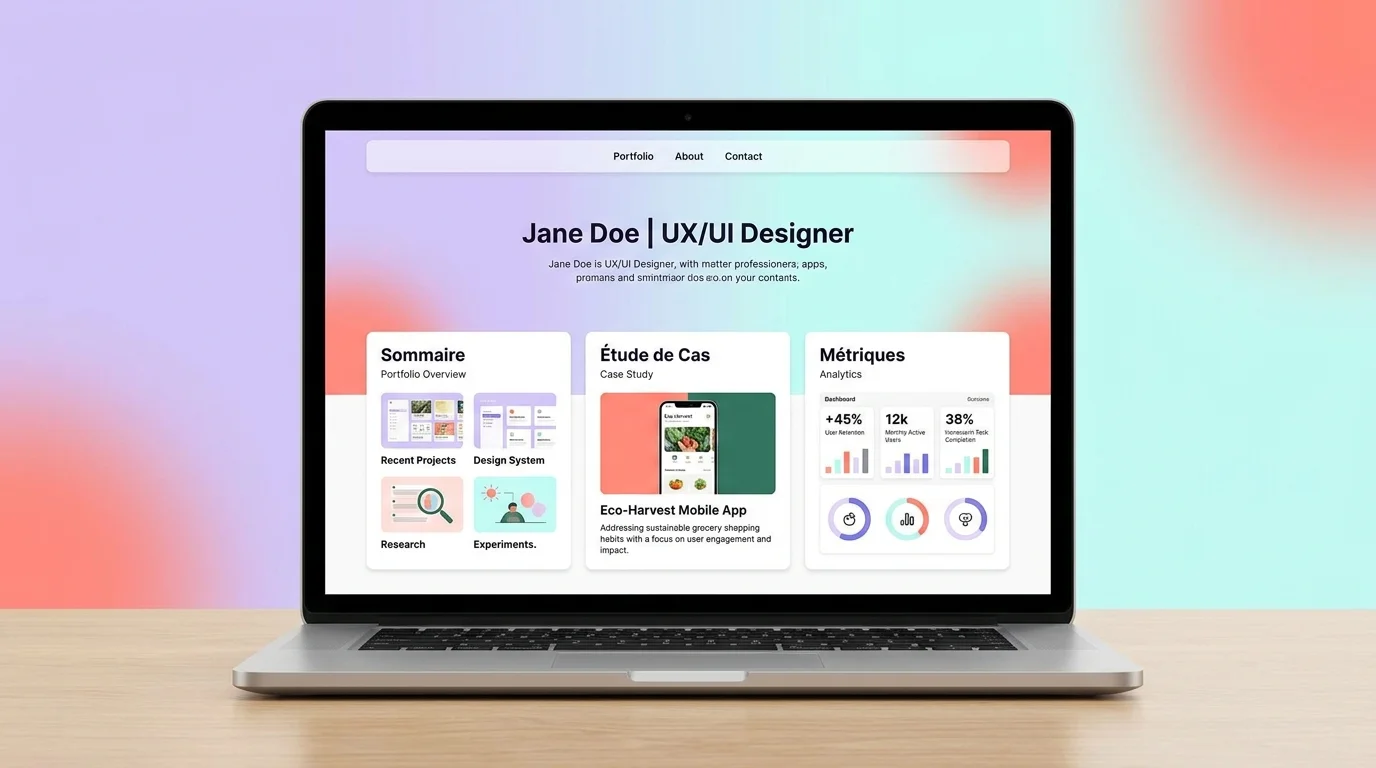 Portfolio UX UI designer affiché sur laptop avec sommaire, étude de cas et métriques visibles dès l'écran d'accueil