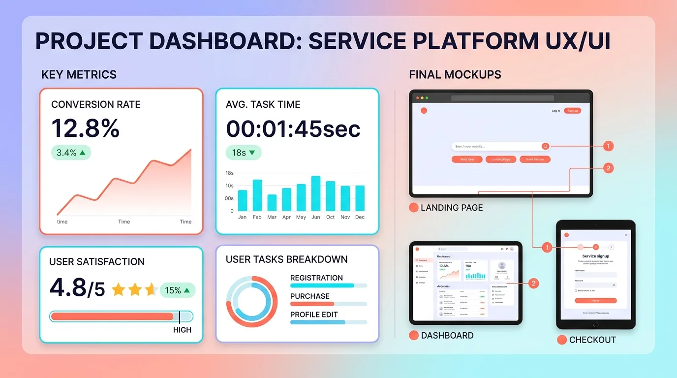 Dashboard UX UI montrant taux de conversion, temps de tâche et satisfaction utilisateur à côté des maquettes finales