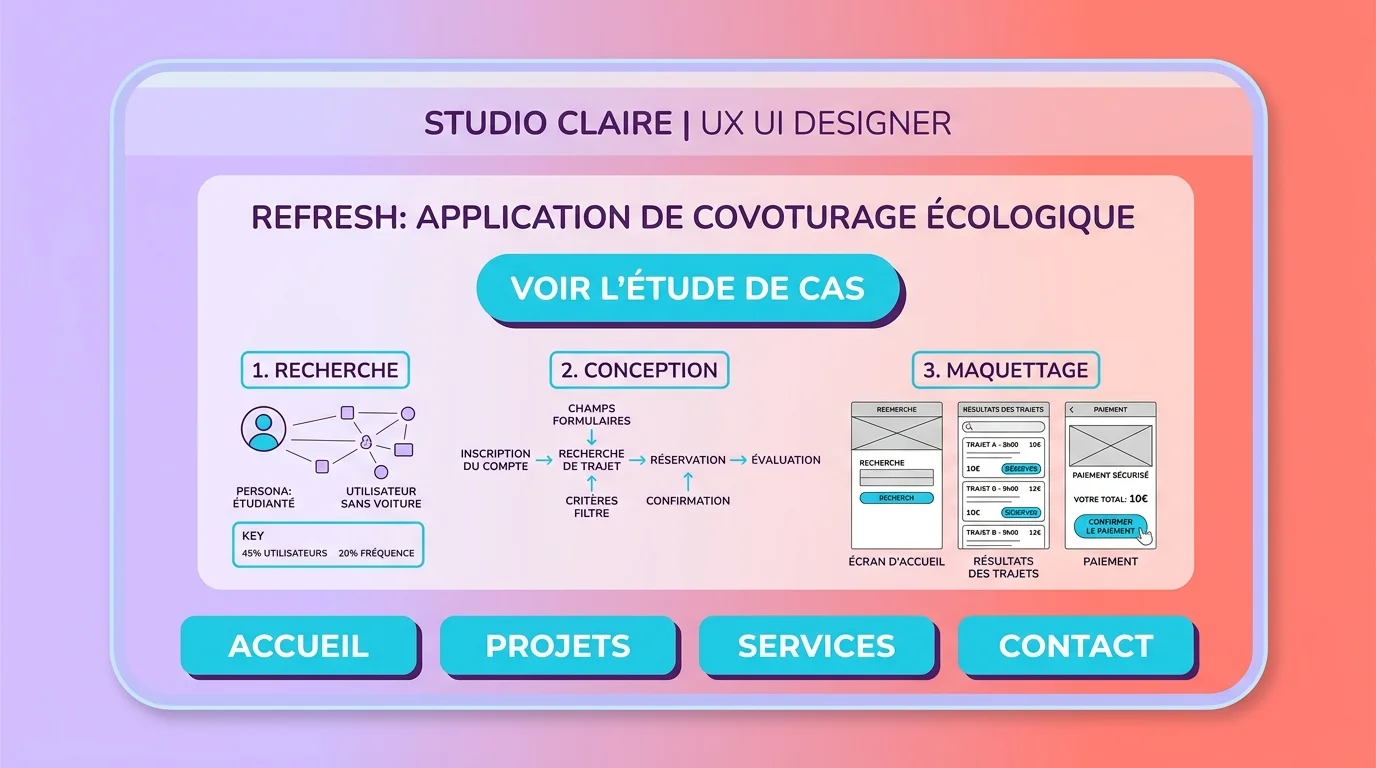 Version mobile d'un portfolio UX UI designer avec navigation simple, CTA visible et étude de cas lisible au pouce