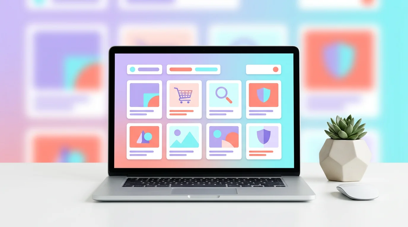 Ecran de laptop affichant une grille coloree de modules PrestaShop avec icones de panier, loupe et bouclier sur fond degrade pastel