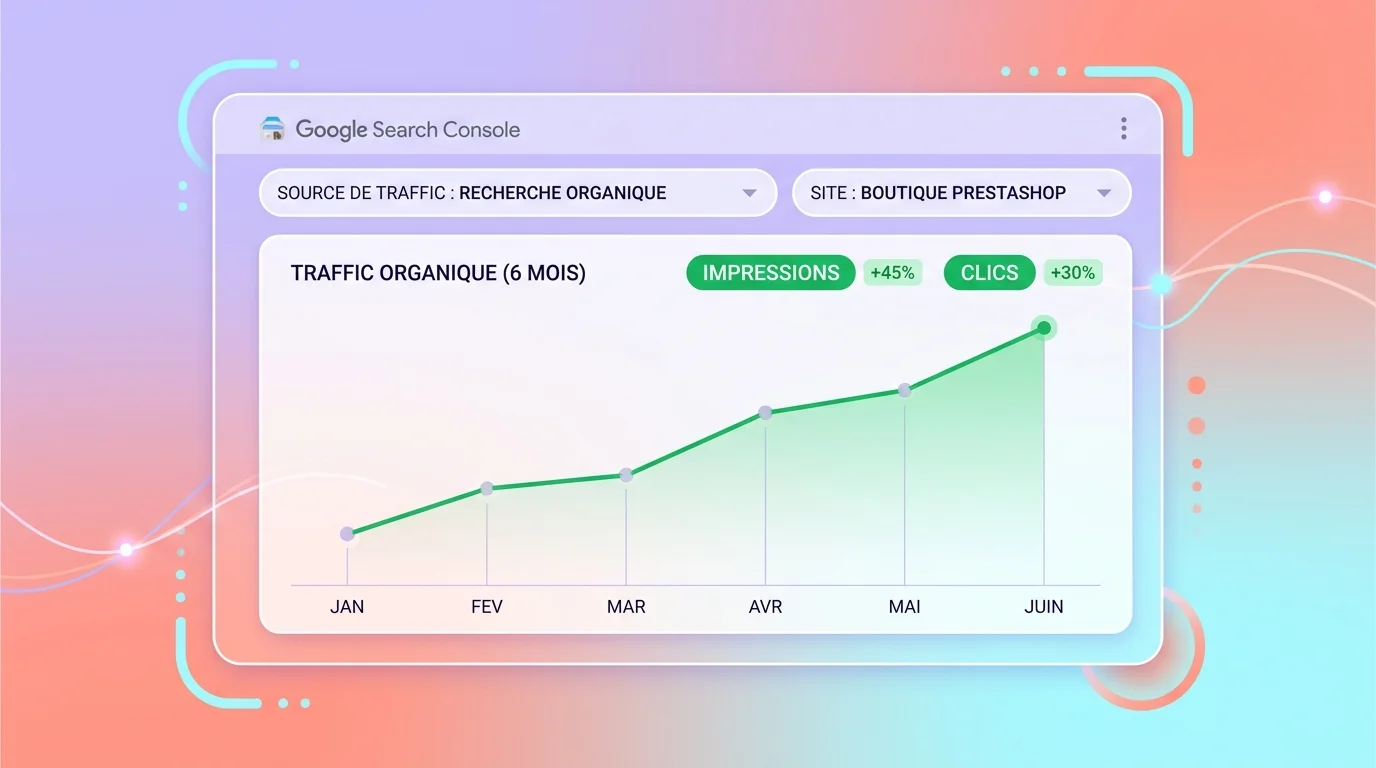 Dashboard Google Search Console affichant une courbe de trafic organique en hausse sur 6 mois pour une boutique e-commerce PrestaShop, avec les métriques impressions et clics en vert