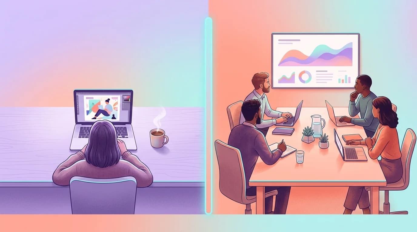 Comparaison visuelle entre un freelance travaillant seul et une equipe agence en reunion