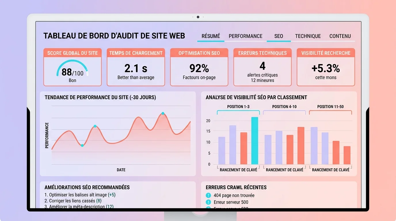 Écran d'ordinateur affichant un tableau de bord d'audit de site web avec des graphiques de performance et des métriques SEO