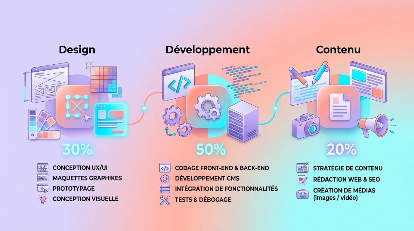 Infographie montrant la répartition du budget d'une refonte de site web entre design, développement et contenu