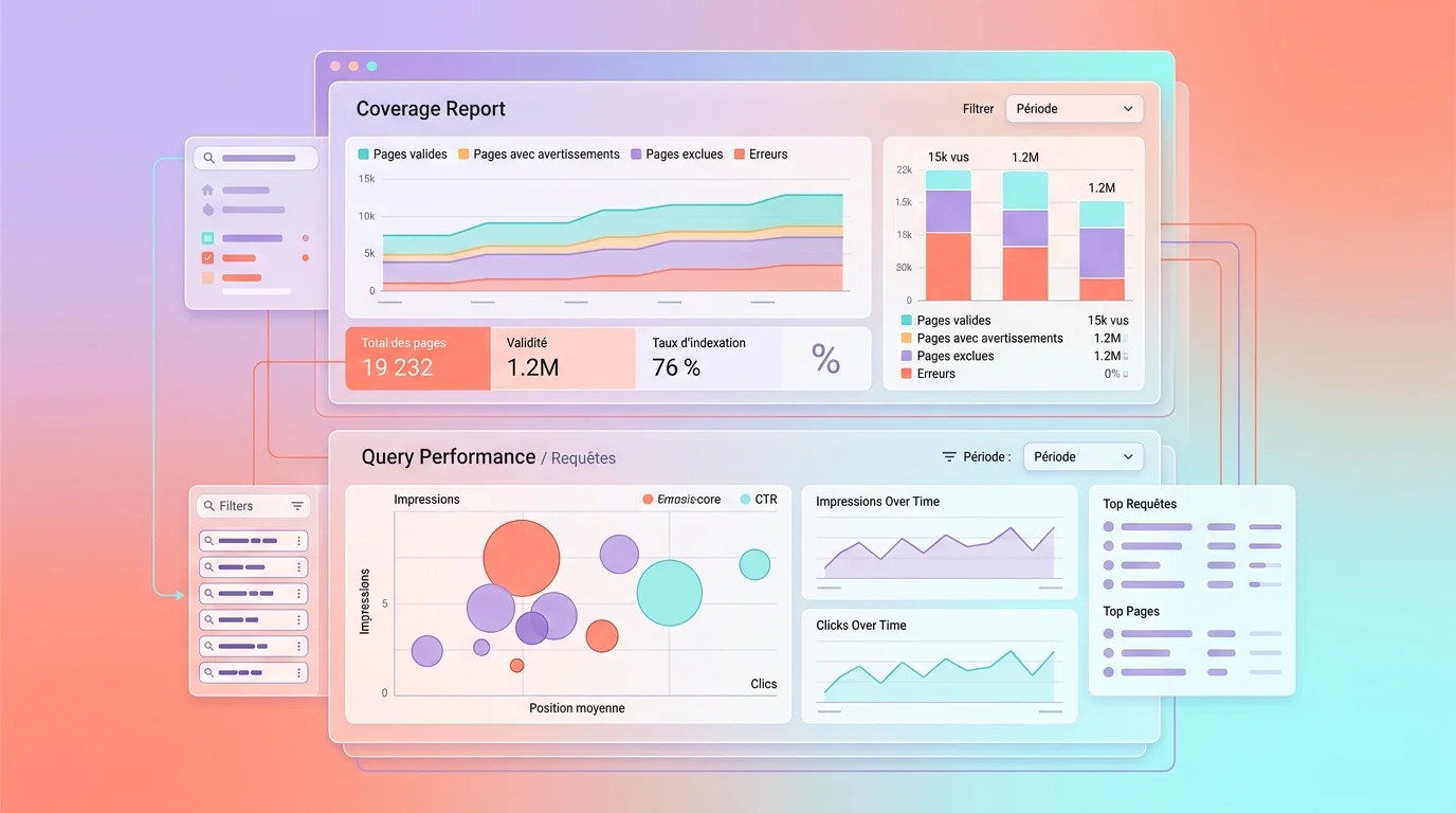 Tableau de bord Search Console montrant rapport de couverture et requêtes