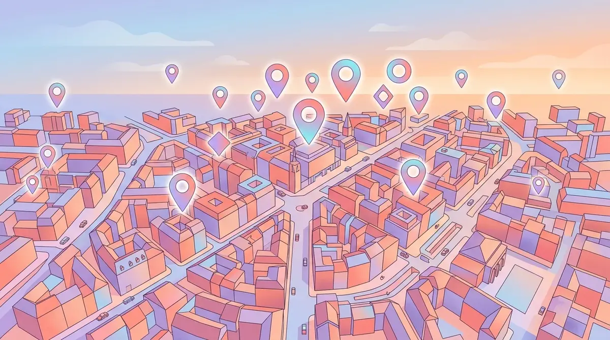 Vue aérienne d'un centre-ville européen avec des épingles de localisation colorées flottant au-dessus de bâtiments commerciaux, ambiance matinale lumineuse