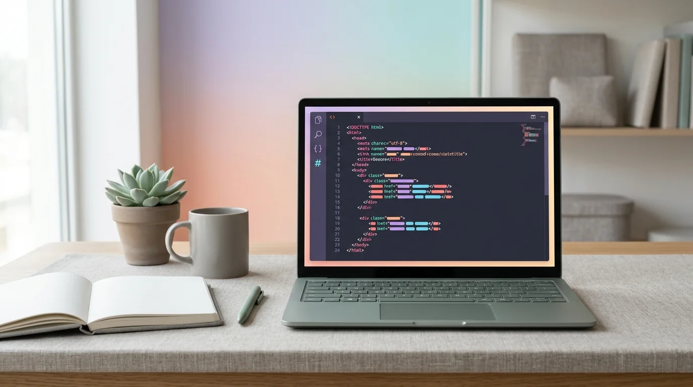 Écran d'ordinateur portable affichant un éditeur de code HTML avec des balises mises en évidence en couleur, sur un bureau ordonné avec un carnet et un stylo