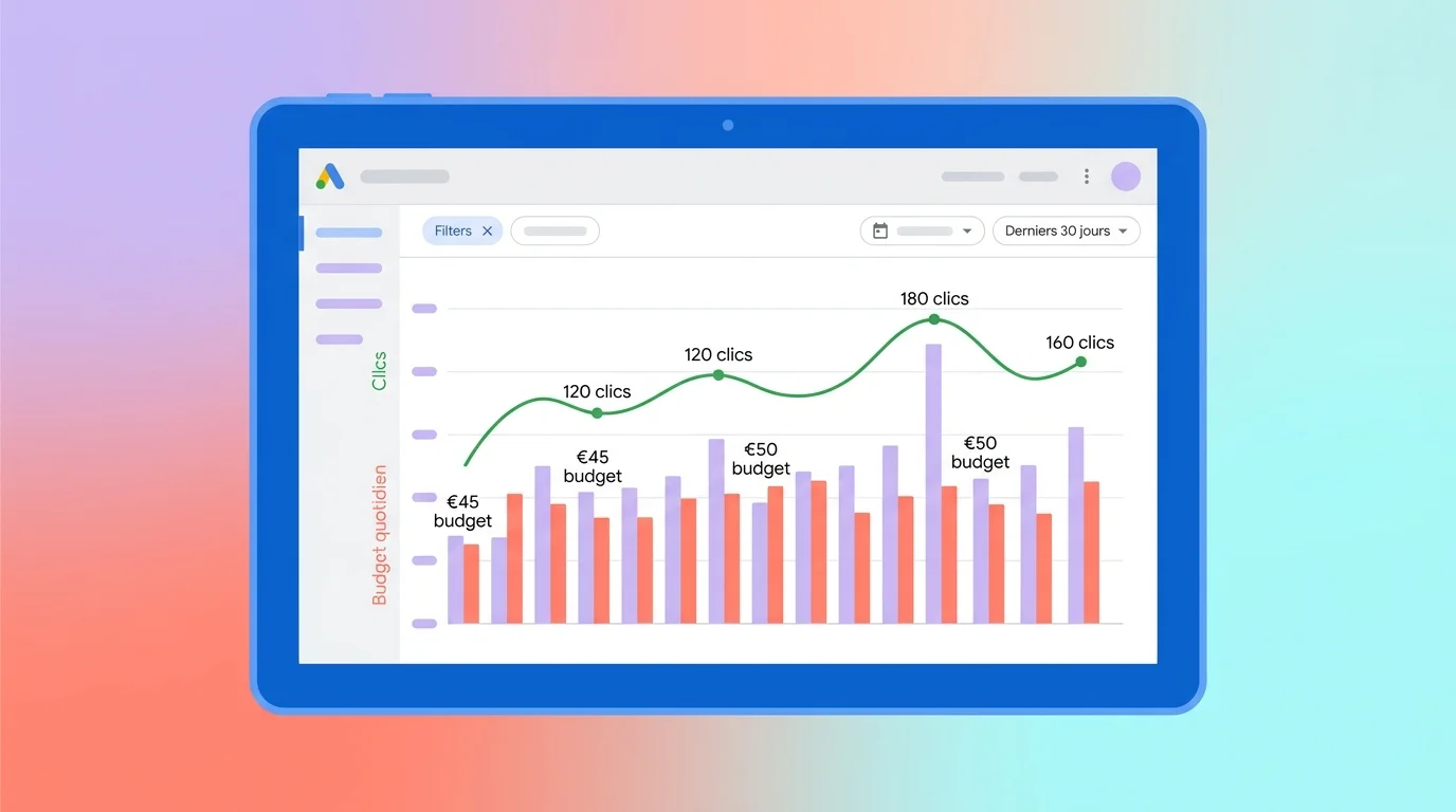 Interface Google Ads montrant tableau de bord avec graphique de clics courbe verte et colonnes de budget quotidien sur écran bleu