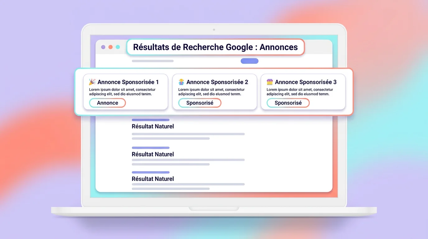 Résultats Google montrant des annonces payantes avec badge Annonce en haut de page sur fond blanc écran d'ordinateur