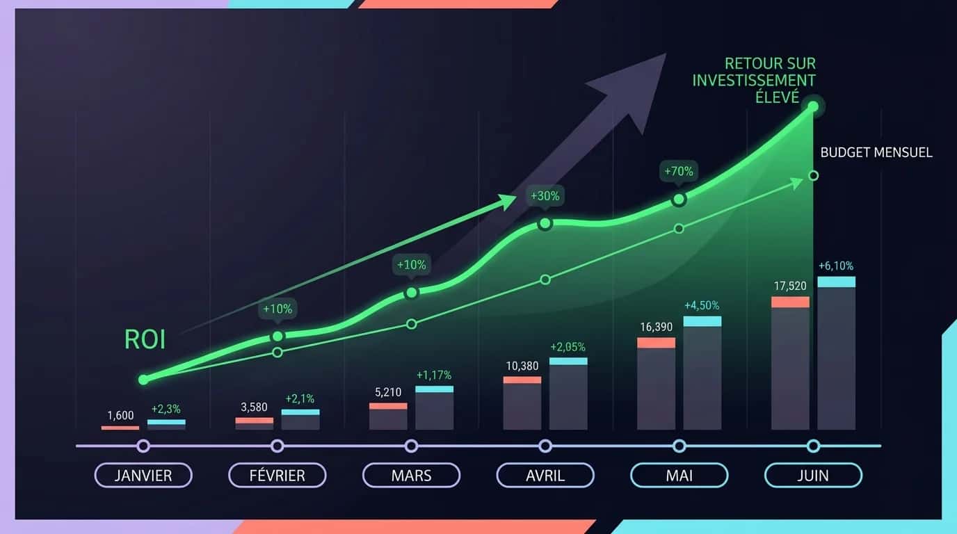 Rising chart showing paid-search return on investment, with a green curve and monthly budget indicators on a dark background