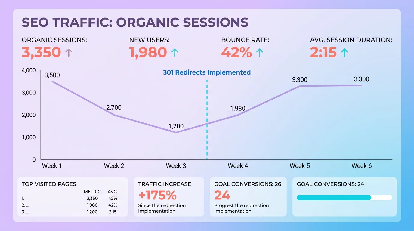 Dashboard SEO montrant un graphique de trafic organique avec courbe descendante puis remontée après mise en place des redirections 301