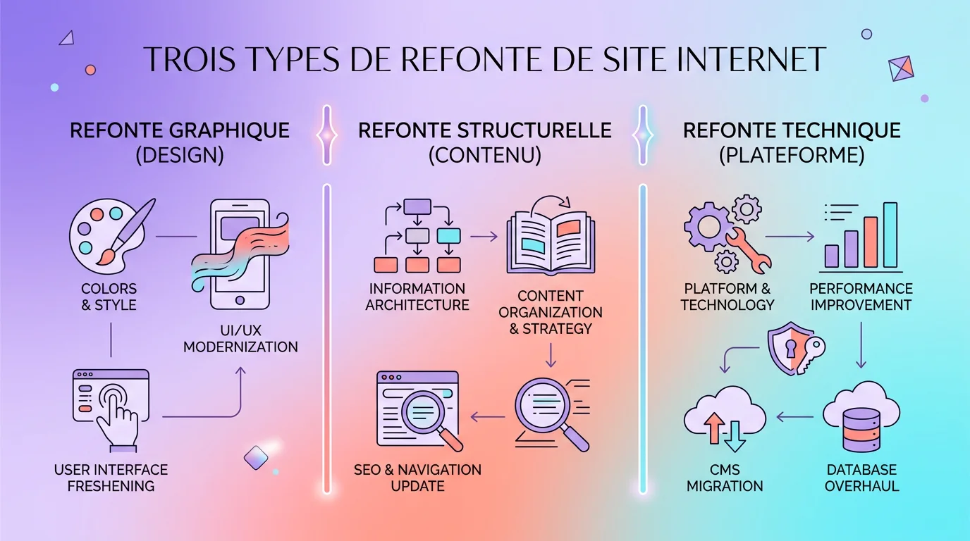 Schéma comparatif des trois types de refonte de site internet avec icônes design, structure et technique sur fond dégradé violet