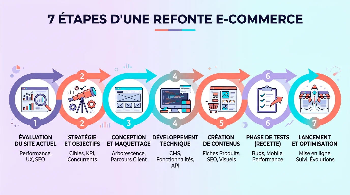 Diagramme des 7 étapes d'une refonte e-commerce avec flèches de progression de gauche à droite, fond blanc et icônes colorées