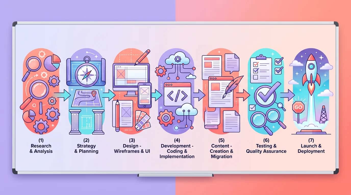Diagram of the seven website-redesign stages on a whiteboard with arrows and coloured icons