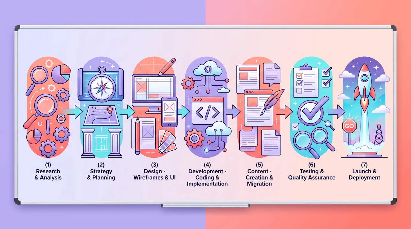 Schéma des 7 étapes d'une refonte de site internet sur un tableau blanc avec flèches et icônes colorées