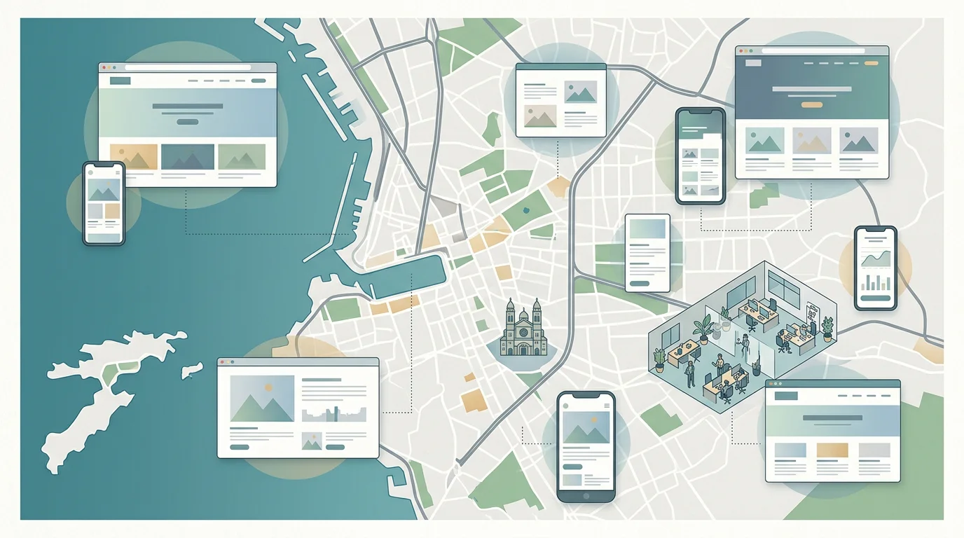 Vue aerienne de Marseille avec des icones web superposees sur l'ecran d'un entrepreneur tenant un smartphone, illustrant la transformation digitale des PME locales