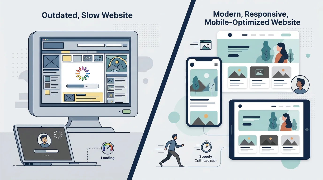 Comparatif visuel cote a cote entre un site internet vieillissant mal optimise et une version modernisee responsive sur smartphone, illustrant le gain de lisibilite apres refonte
