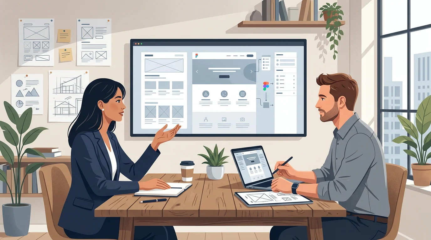 Reunion entre un chef de projet web et un dirigeant de PME marseillaise autour de maquettes Figma affichees sur un grand ecran, symbolisant la collaboration lors de la phase de design