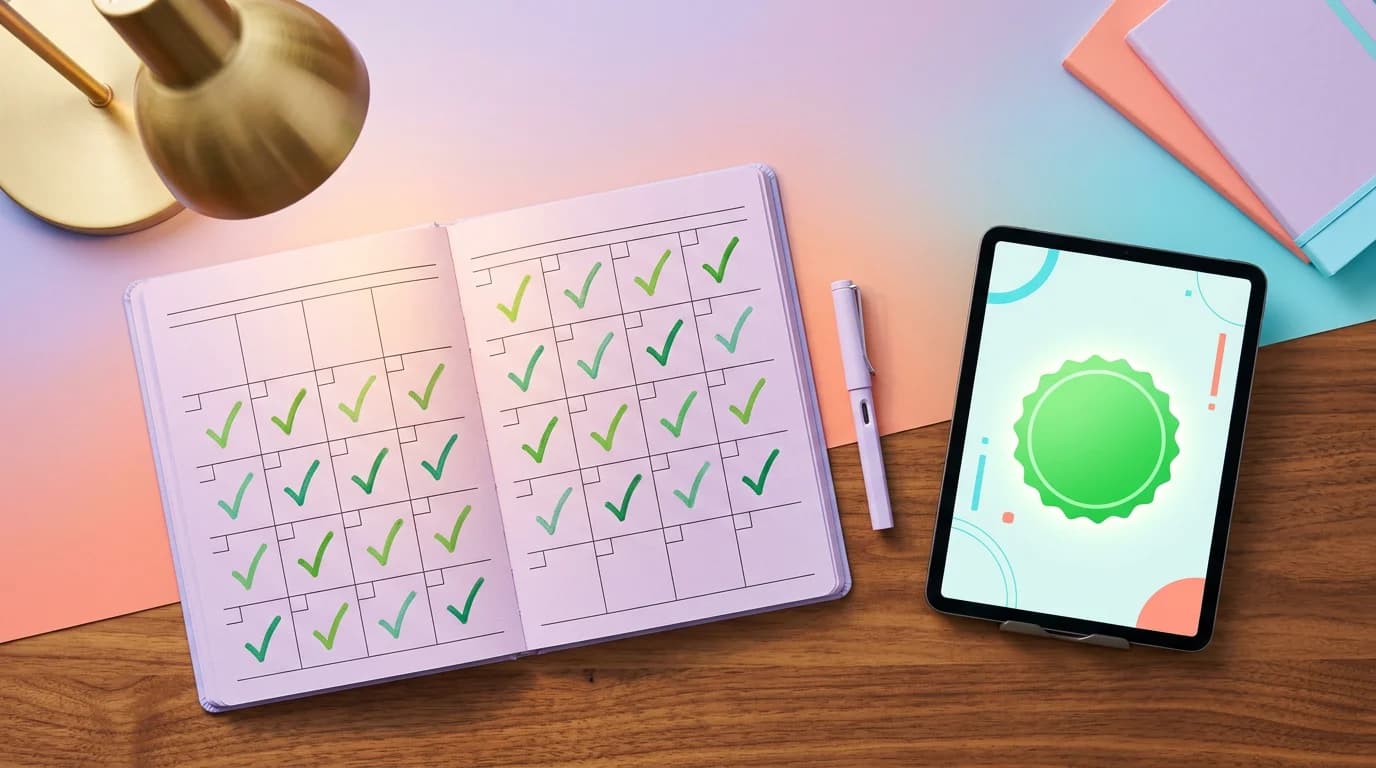 Calendrier de maintenance mensuel avec cases cochees et tablette affichant un statut de securite positif