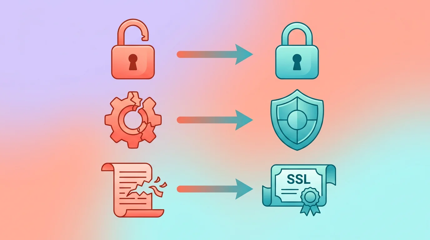 Schema comparatif des menaces WordPress et de leurs solutions : cadenas ouvert versus cadenas ferme, engrenage casse versus bouclier