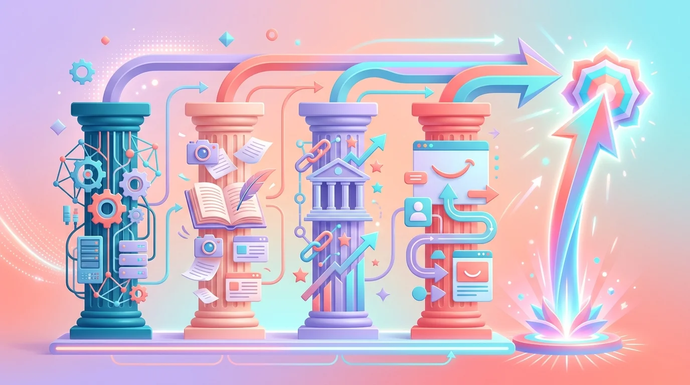 Schema des 4 piliers du SEO marketing avec technique contenu autorite et UX relies par des fleches vers un objectif de croissance trafic