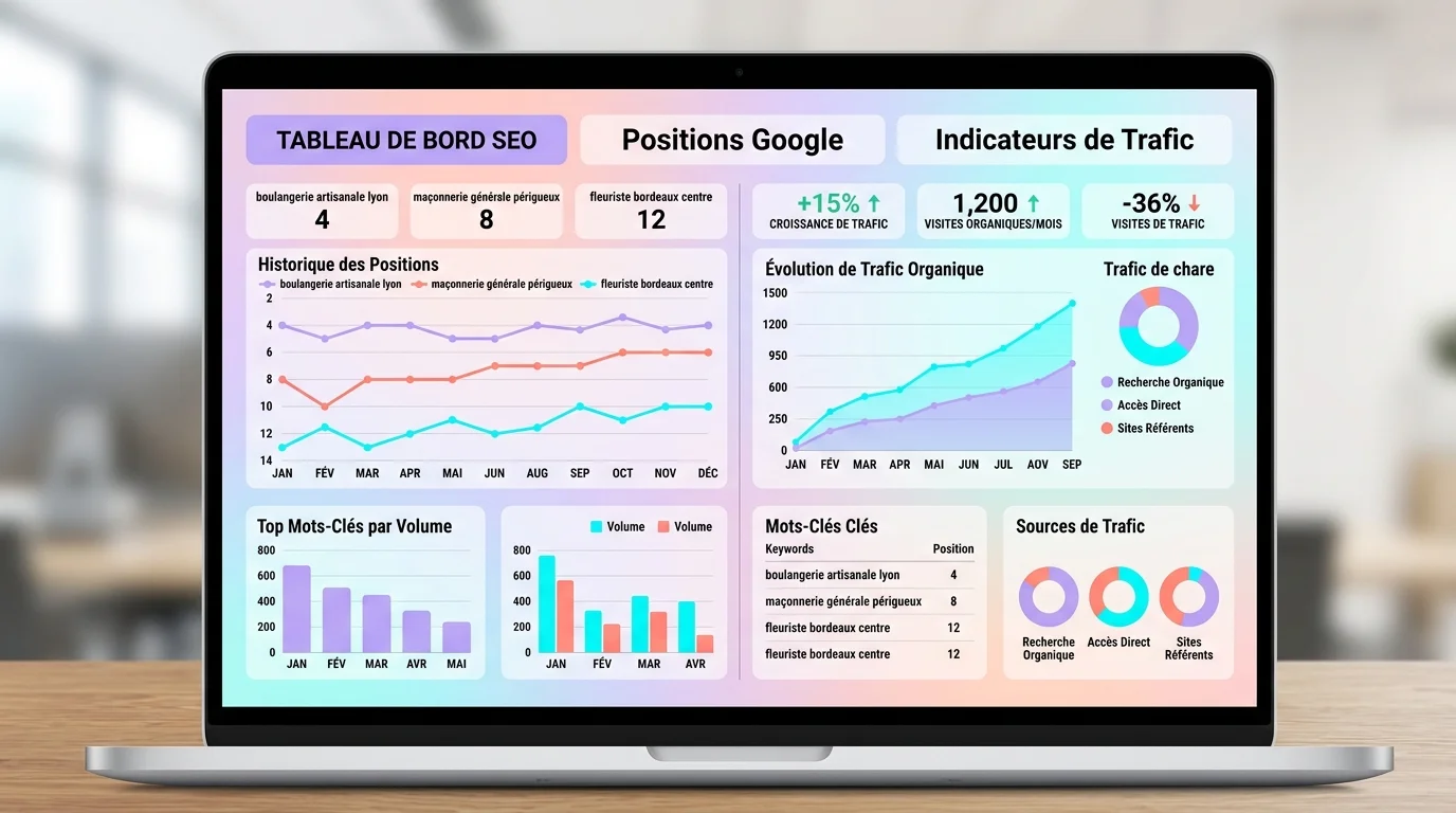 Tableau de bord SEO sur écran d'ordinateur portable avec graphiques de positions Google et indicateurs de trafic pour une PME française