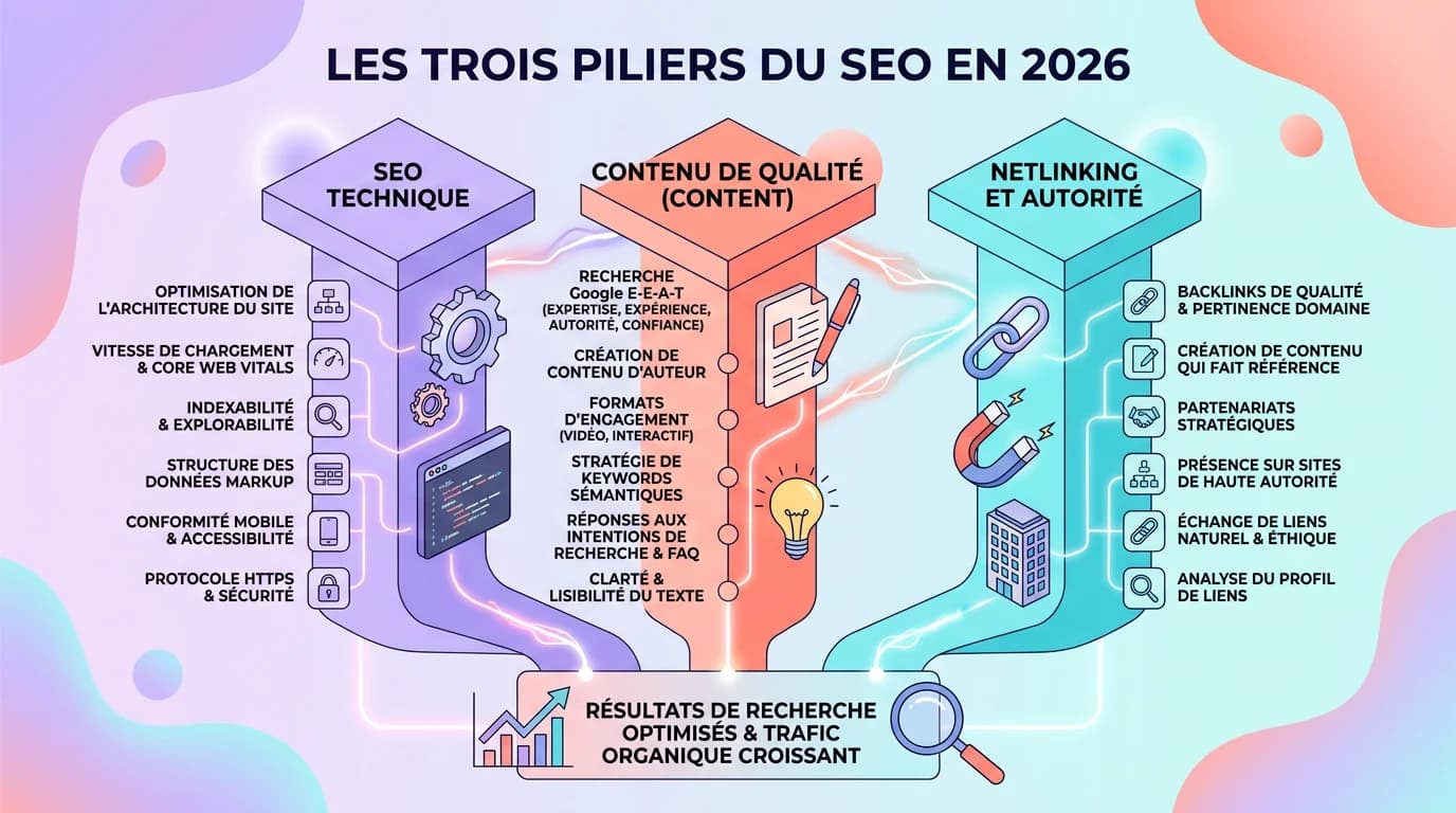 Diagramme illustrant les trois piliers du SEO : technique, contenu et netlinking en 2026