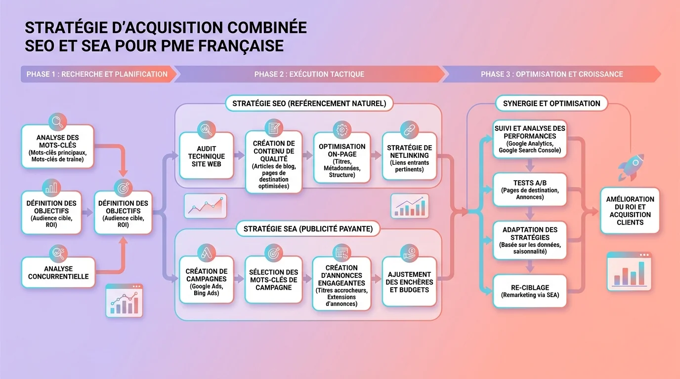Schéma d'une stratégie d'acquisition combinée SEO et SEA pour une PME française