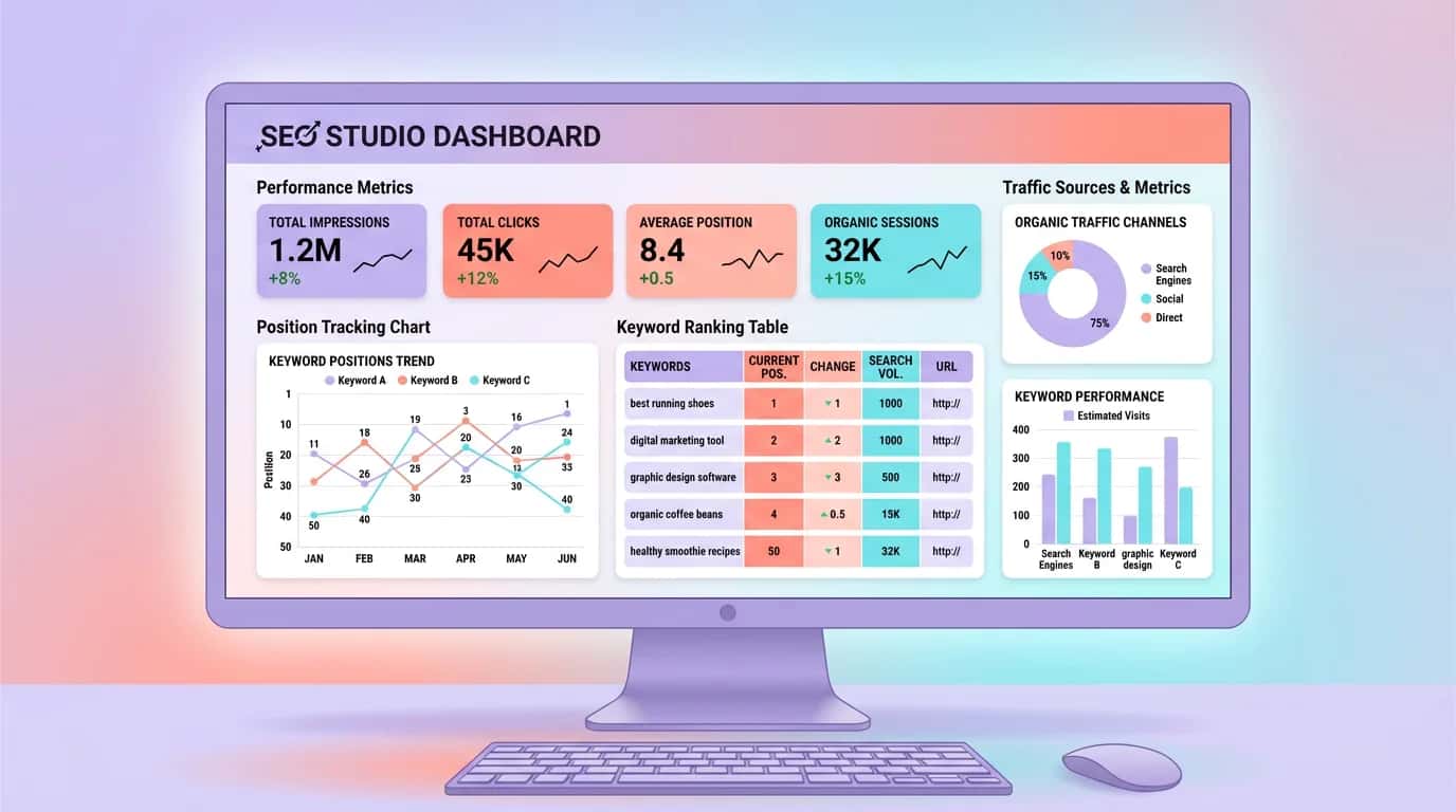 SEO Studio dashboard displaying ranking charts and performance metrics on a computer screen