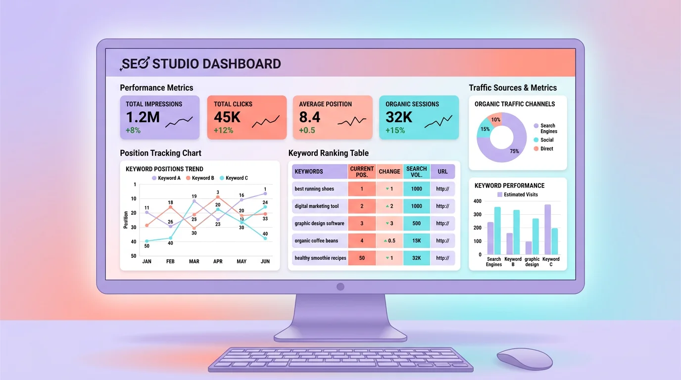 Tableau de bord SEO Studio avec graphiques de positions et métriques de performance sur écran d'ordinateur